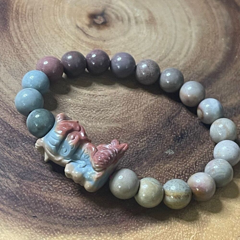 Alashan agate mermaid artisan handmade beaded beads stretch bracelet 6.5” colorf